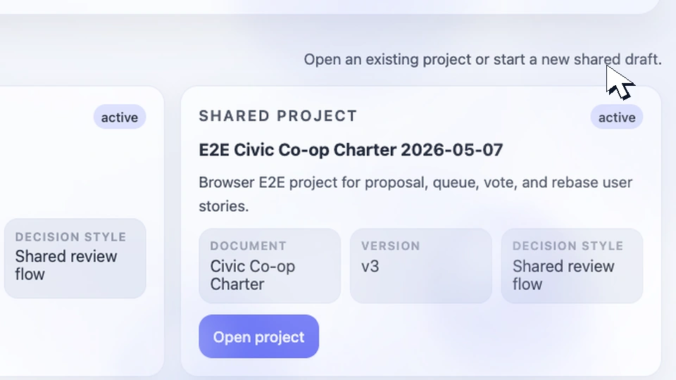 Opening a shared project and viewing the canonical document version.
