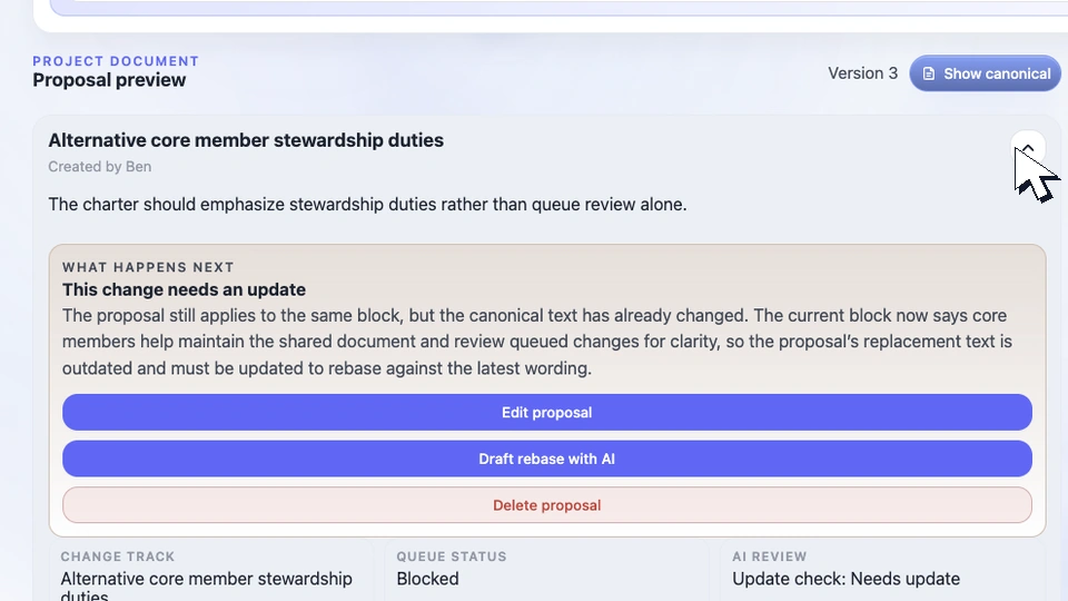 A proposal marked as needing an update after the document changed.